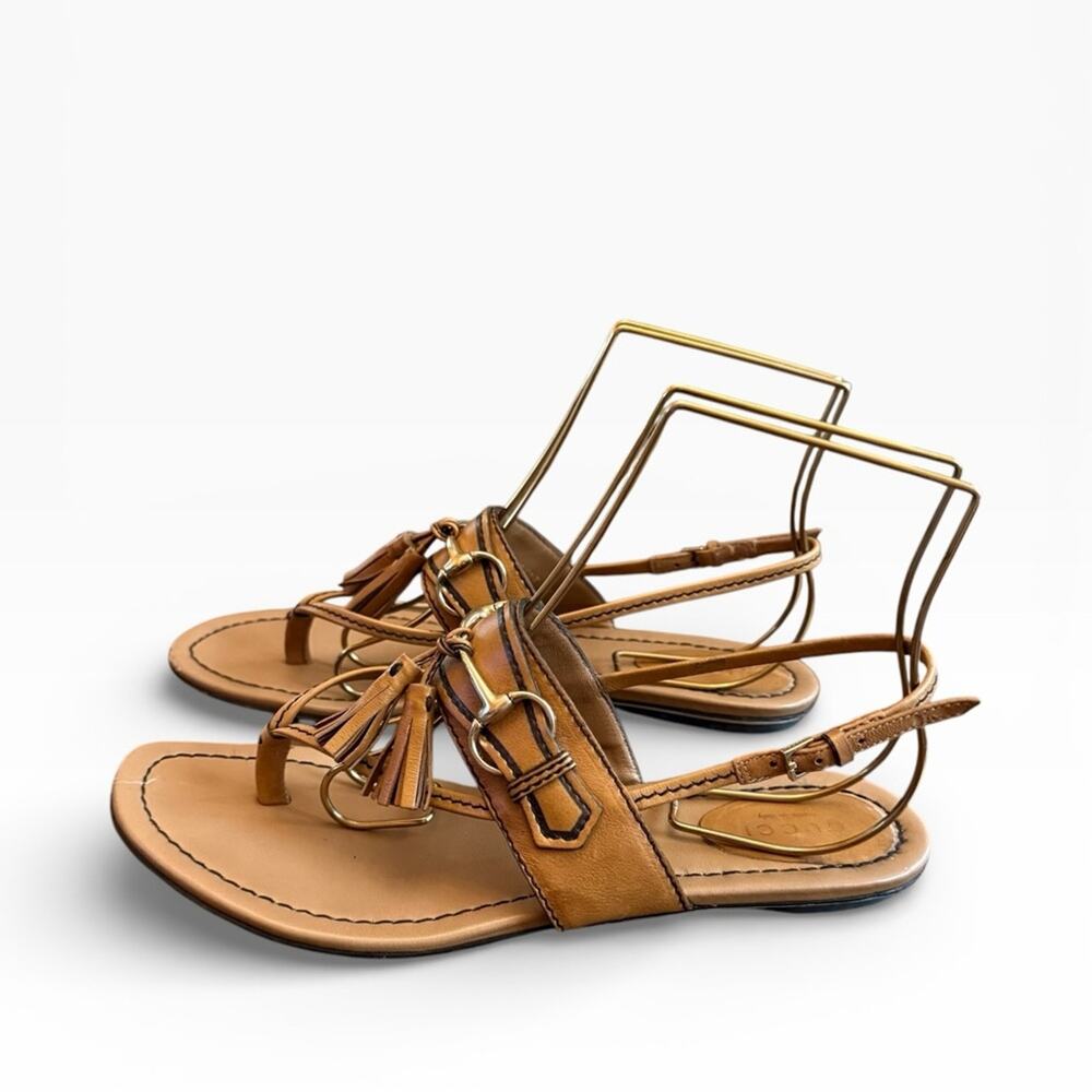 Gucci Brown Leather Tassel Horsebit Thong Flat Sandals EU 37 US 7 - Picture 8 of 16